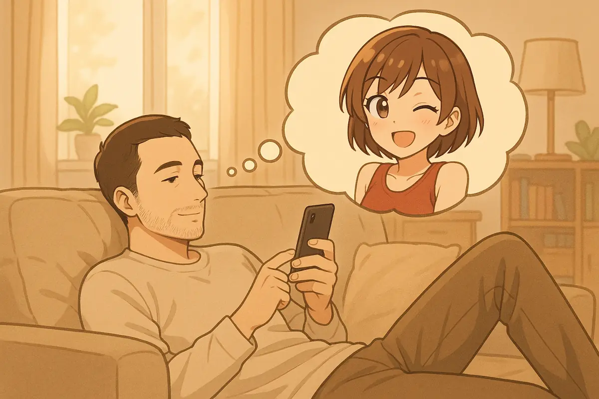 ソファでスマートフォンを見る男性